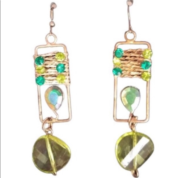 “Caged Tear” Green Abstract Geometric Teardrop Wire-Wrap Artisan Handmade Dangle - Picture 2 of 7